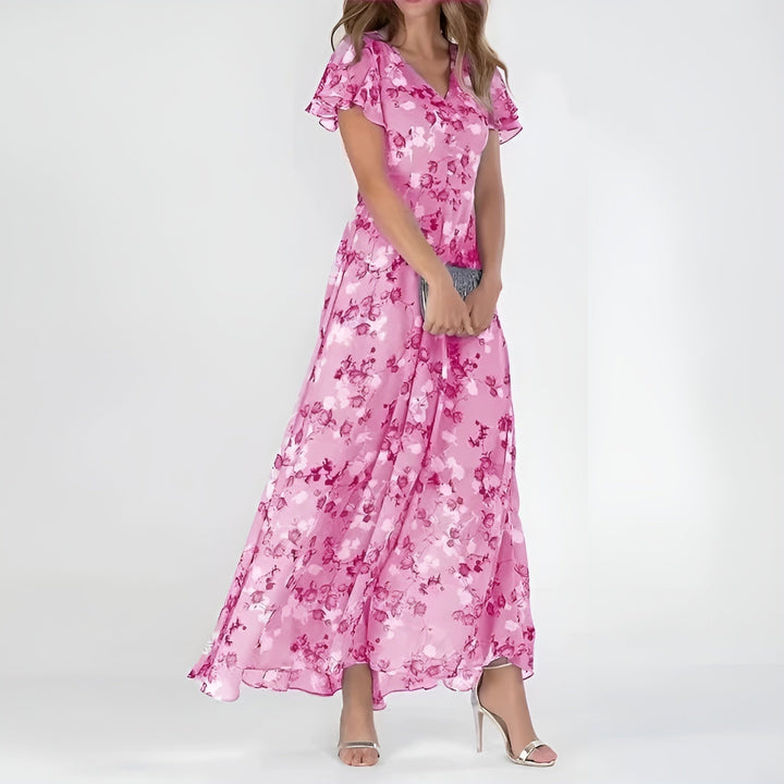 Rozalia | Elegancka sukienka maxi w kwiaty z falbanowymi rękawami