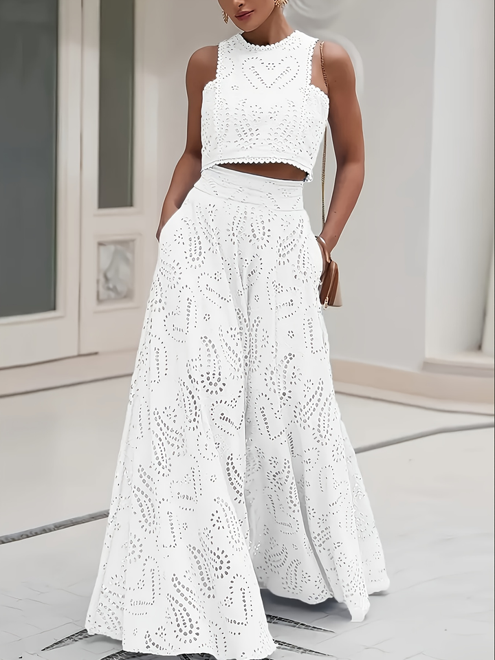 Zofia | Boho zestaw z haftem angielskim z krótkim topem i kieszeniami